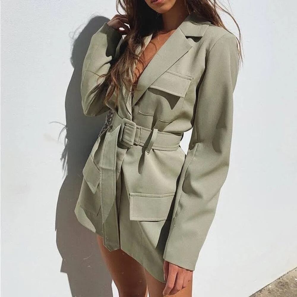 NEW Lioness Steinway Green Belted Tailored Collar Jacket Mini Blazer Dress Sz XS - Picture 11 of 15